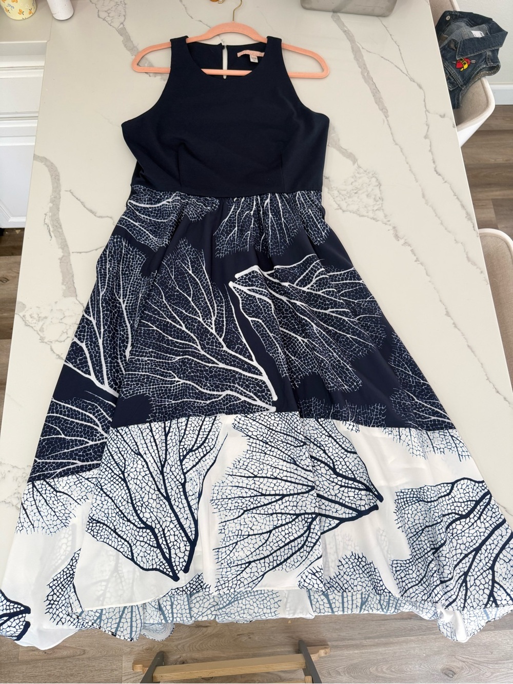 Hutch Anthropologie Navy Coral Print Fit & Flare Hi Low Dress Sz L